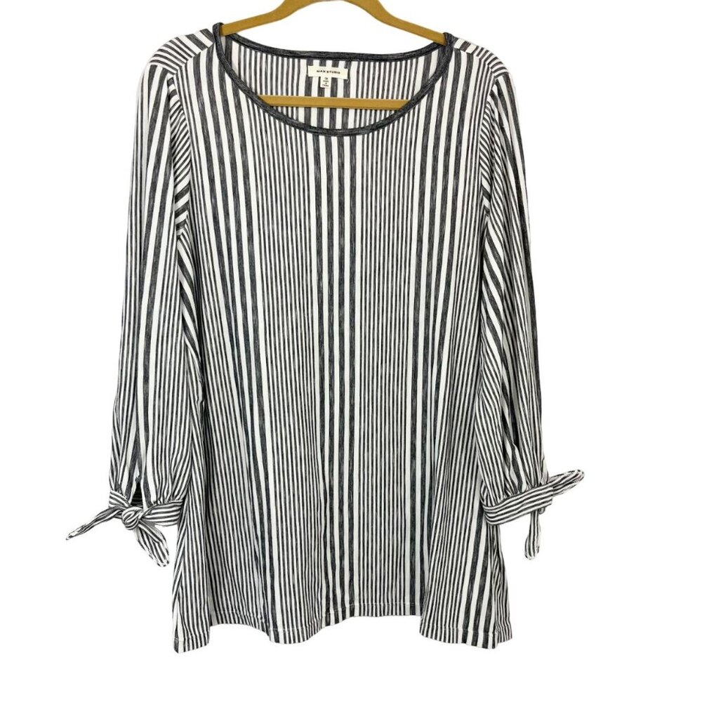 Max Studio Gray & White Striped Long Sleeve Shirt Bow Tie Cuffs - Size 1X